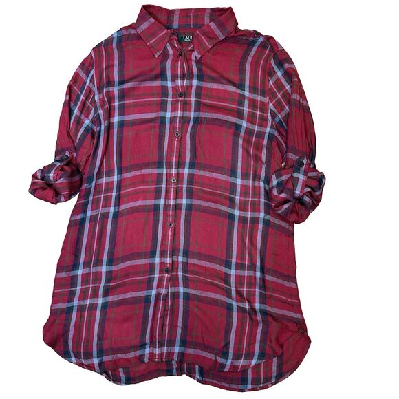 Women's Ralph Lauren Medium Tunic Button Up Top Red Plaid Viscose Flannel Shirt - Picture 1 of 11